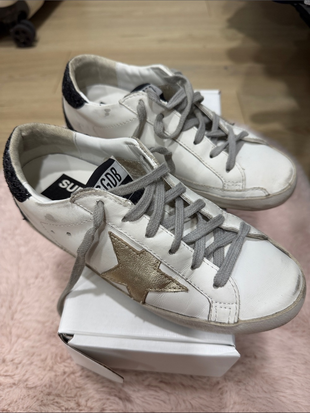 Golden Goose White Leather Super-Star Sneakers with Black Glitter Heel